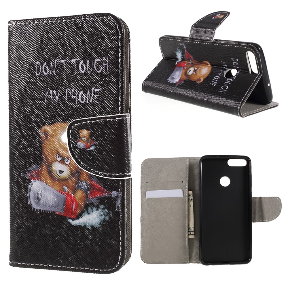 Pattern Printing Cross Texture Stand Wallet Leather Cell Phone Cover for Huawei P Smart / Enjoy 7S - Bear with Saw-1