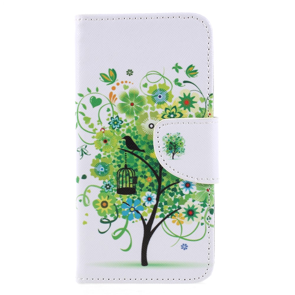 Pattern Printing Cross Texture Stand Wallet PU Leather Mobile Case for Huawei P Smart / Enjoy 7S - Green Tree with Flower-1