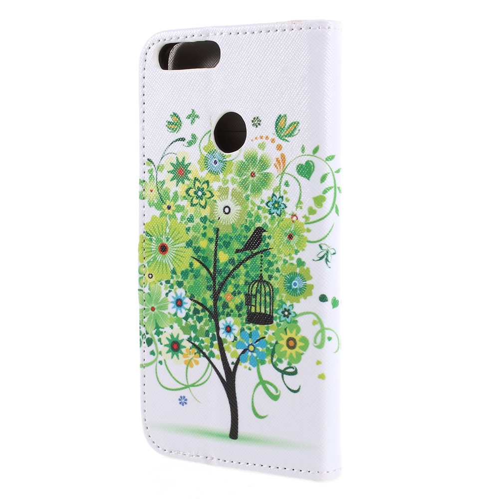 Pattern Printing Cross Texture Stand Wallet PU Leather Mobile Case for Huawei P Smart / Enjoy 7S - Green Tree with Flower-2