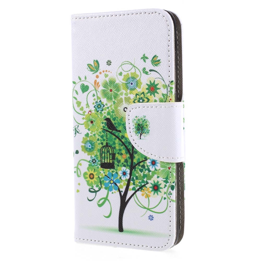 Pattern Printing Cross Texture Stand Wallet PU Leather Mobile Case for Huawei P Smart / Enjoy 7S - Green Tree with Flower-3