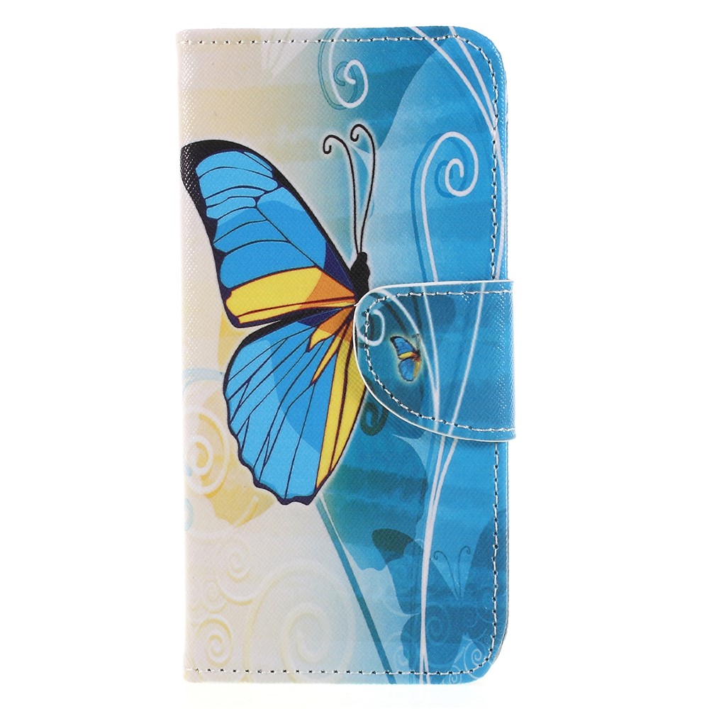 Pattern Printing Cross Texture Stand Wallet Leather Case for Huawei P Smart / Enjoy 7S - Blue and Gold Butterfly-1