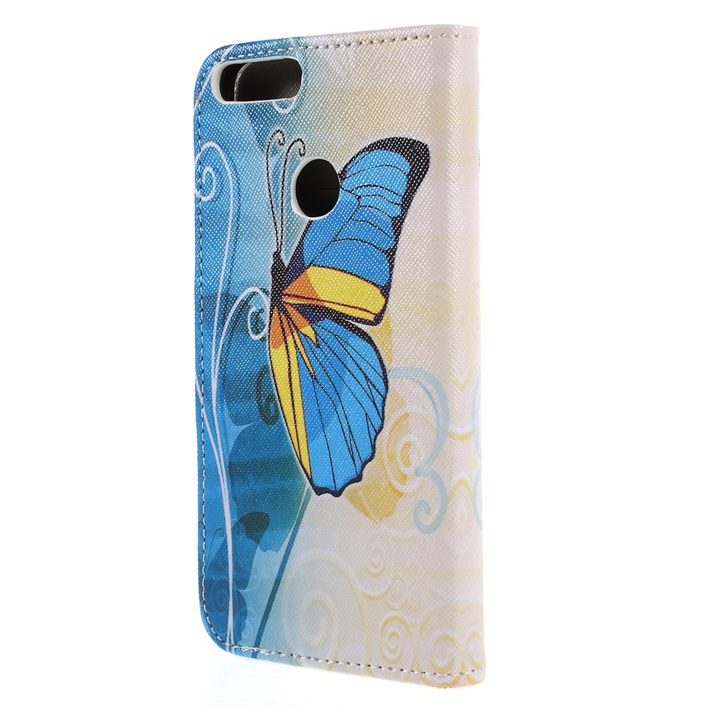 Pattern Printing Cross Texture Stand Wallet Leather Case for Huawei P Smart / Enjoy 7S - Blue and Gold Butterfly-2
