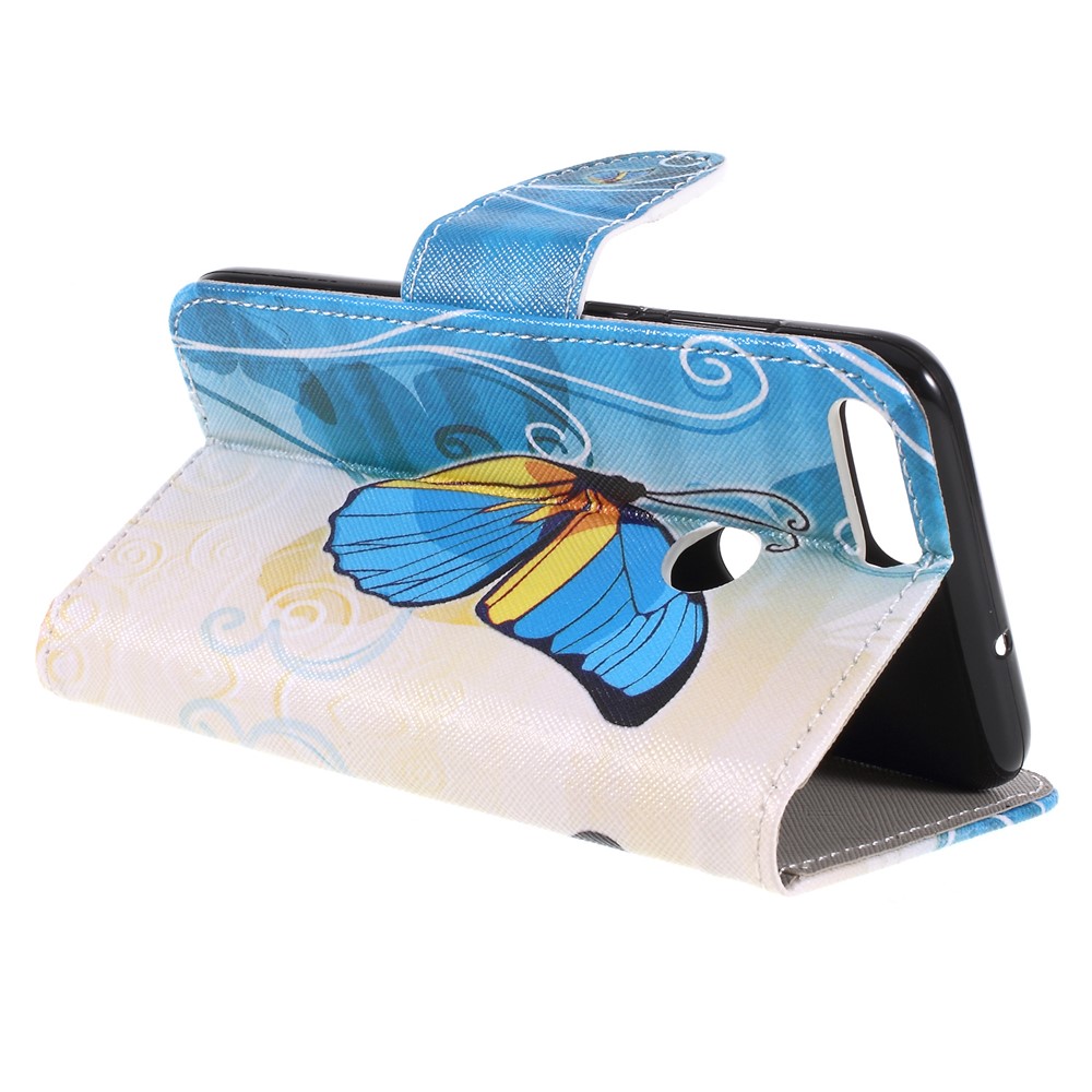 Pattern Printing Cross Texture Stand Wallet Leather Case for Huawei P Smart / Enjoy 7S - Blue and Gold Butterfly-5