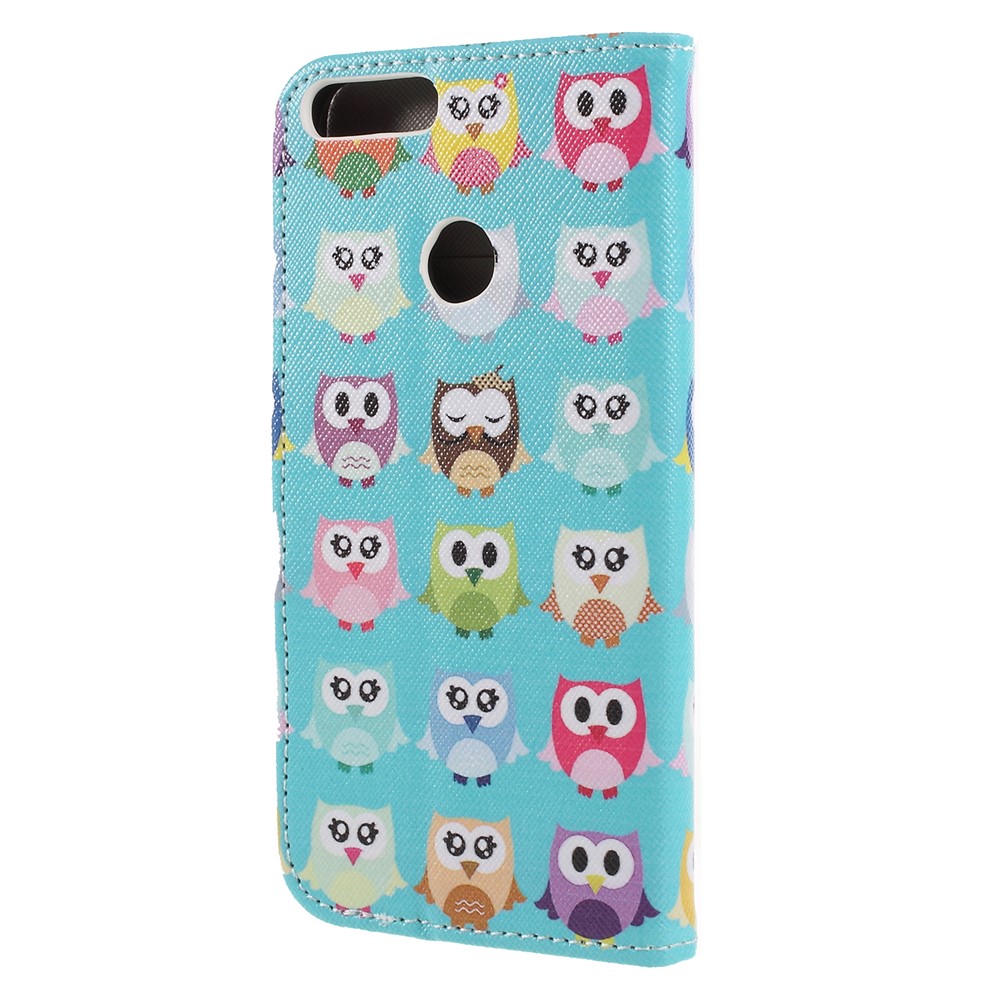 Pattern Printing Cross Texture Stand Wallet Leather Folio Protection Shell for Huawei P Smart / Enjoy 7S - Owl Family Green Background-2
