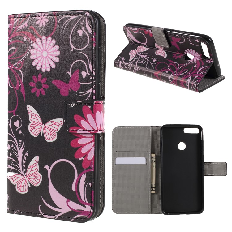 For Huawei P Smart / Enjoy 7S Pattern Printing PU Leather Magnetic Wallet Stand Protective Phone Case - Pink Flower and Butterfly-1