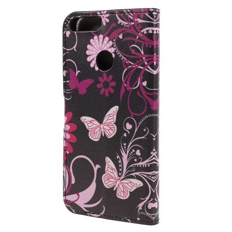 For Huawei P Smart / Enjoy 7S Pattern Printing PU Leather Magnetic Wallet Stand Protective Phone Case - Pink Flower and Butterfly-2