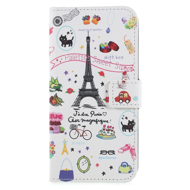 Pattern Printing PU Leather Magnetic Wallet Stand Protective Cell Phone Cover for Huawei P Smart / Enjoy 7S - Eiffel Tower