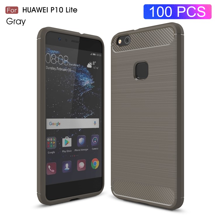 50PCS/Lot Carbon Fibre Brushed TPU Back Case for Huawei P10 Lite - Grey-1