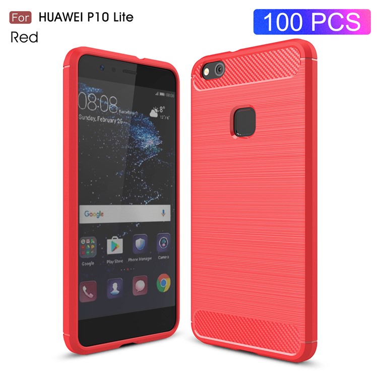 50PCS/Lot Carbon Fibre Brushed TPU Protection Case for Huawei P10 Lite - Red-1