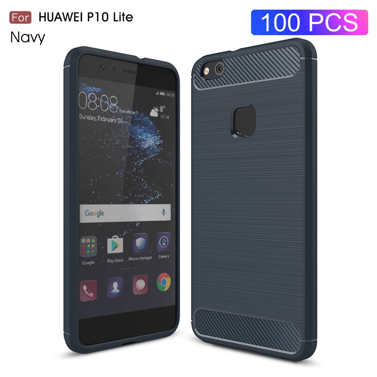 50PCS/Lot Carbon Fibre Brushed TPU Cover Shell for Huawei P10 Lite - Dark Blue-1