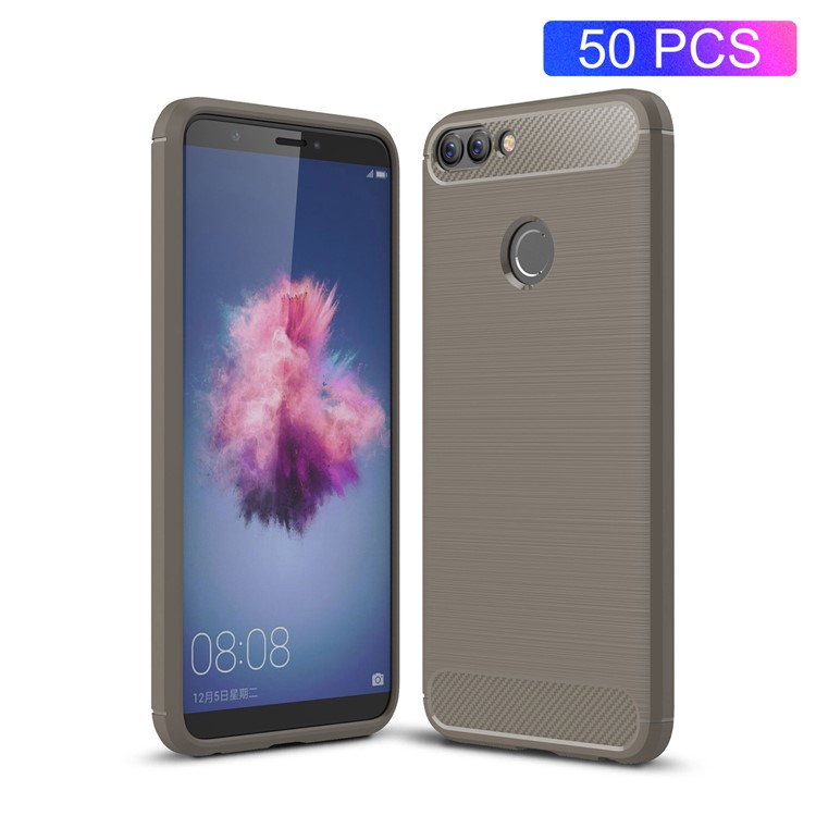 50Pcs/Set Carbon Fiber Texture Brushed TPU Phone Cover for Huawei P Smart / Enjoy 7S - Grey-1