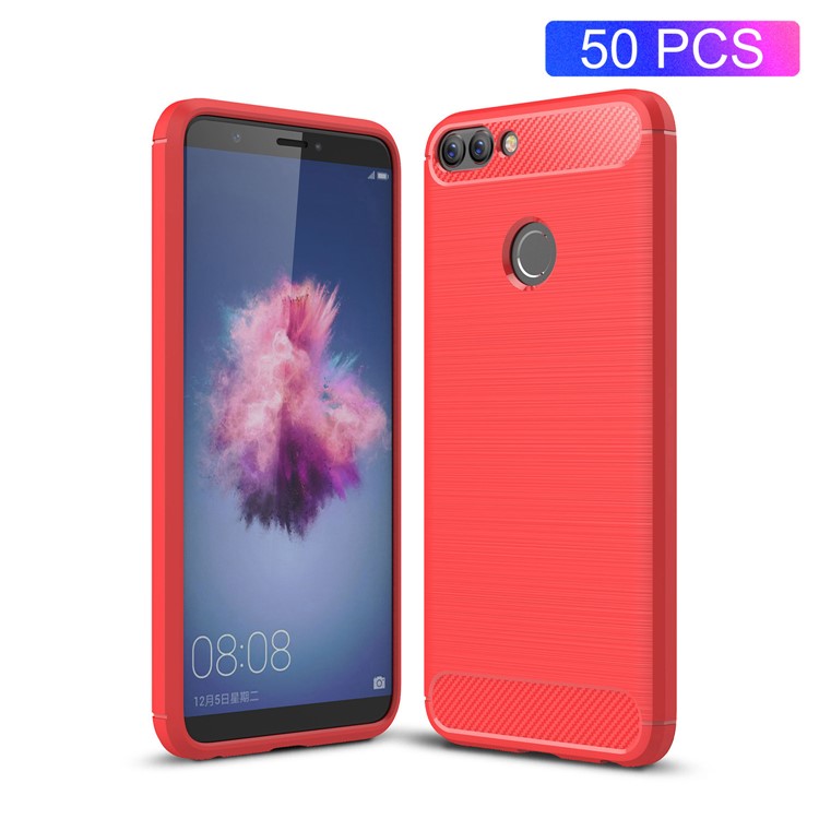 50Pcs/Set Carbon Fiber Texture Brushed TPU Cell Phone Case for Huawei P Smart / Enjoy 7S - Red-1
