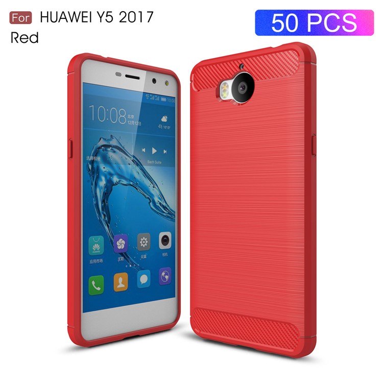 50Pcs/Set Carbon Fiber Texture Brushed Soft TPU Shell for Huawei Y6 (2017) / Y5 (2017) - Red-1