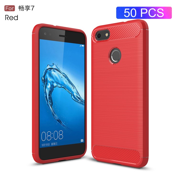 50Pcs/Lot Carbon Fiber Texture Brushed TPU Mobile Casing for Huawei P9 Lite Mini / Enjoy 7 / Y6 Pro (2017) - Red-1