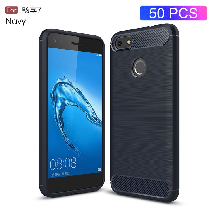 50Pcs/Lot Carbon Fiber Texture Brushed TPU Protective Shell for Huawei P9 Lite Mini / Enjoy 7 / Y6 Pro (2017) - Dark Blue-1