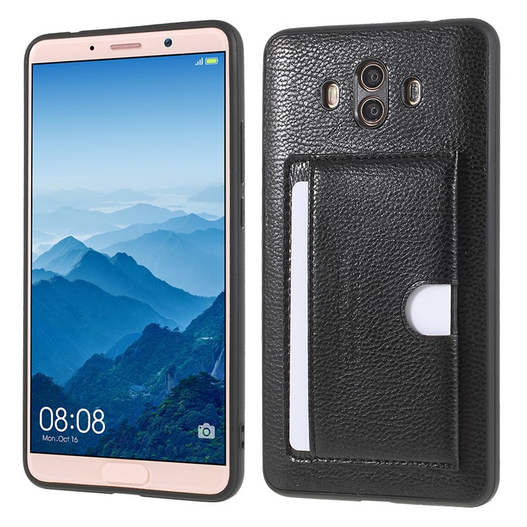 For Huawei Mate 10 Split Leather Coated TPU Kickstand Card Holder Case - Black-1