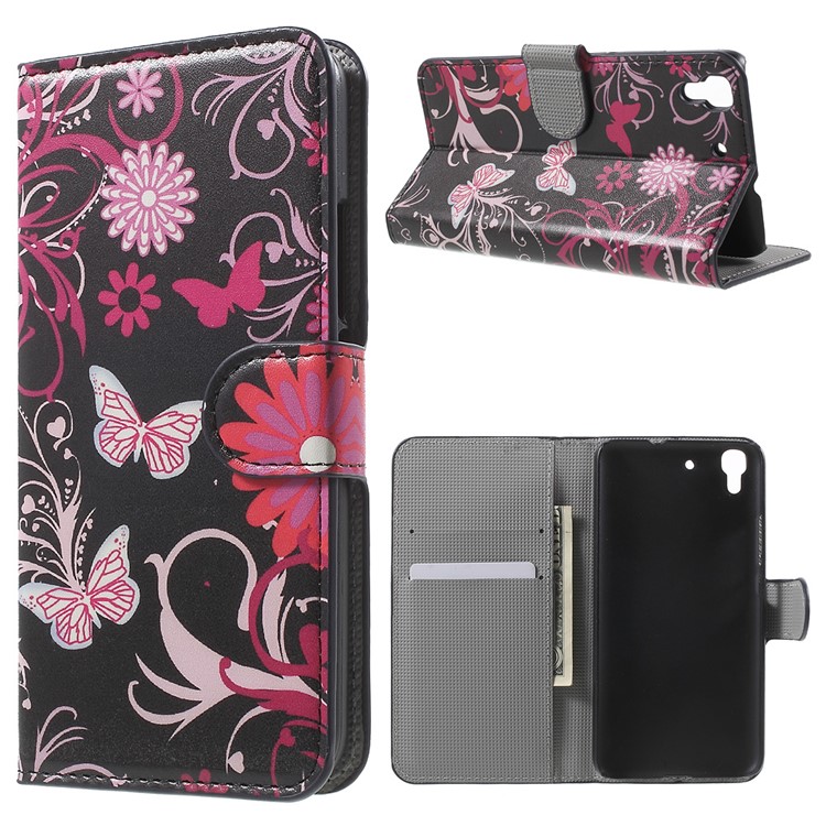 Diary Style Stand Leather Shell for Huawei Honor 4A / Y6 - Butterflies and Flowers-1