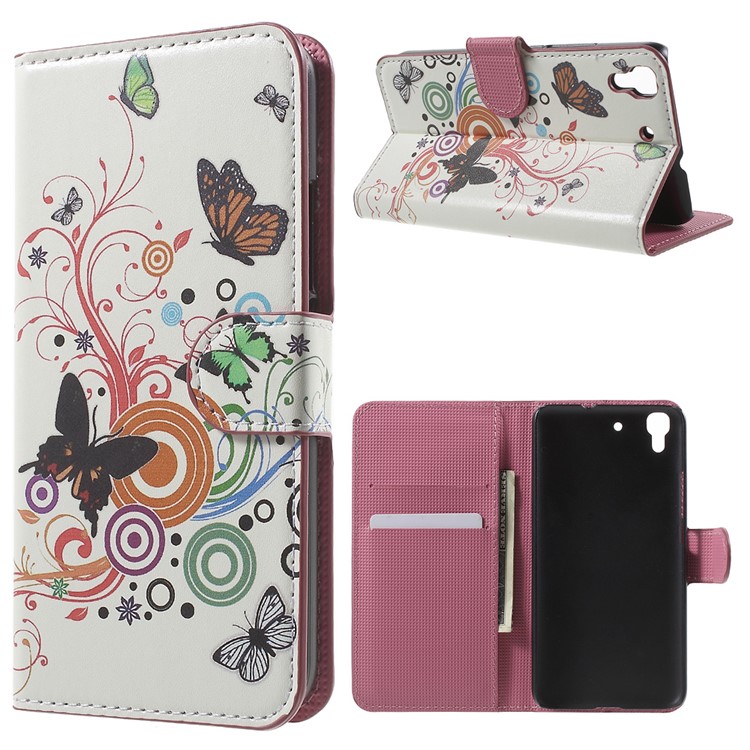 Card Holder Stand Leather Cover for Huawei Honor 4A / Y6 - Butterflies and Circles-1