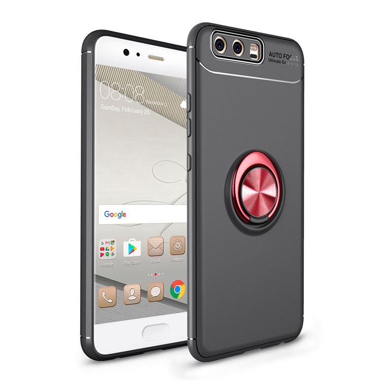 Finger Ring Kickstand TPU Shell Case for Huawei P10 (Built-in Metal Sheet) - Black + Red