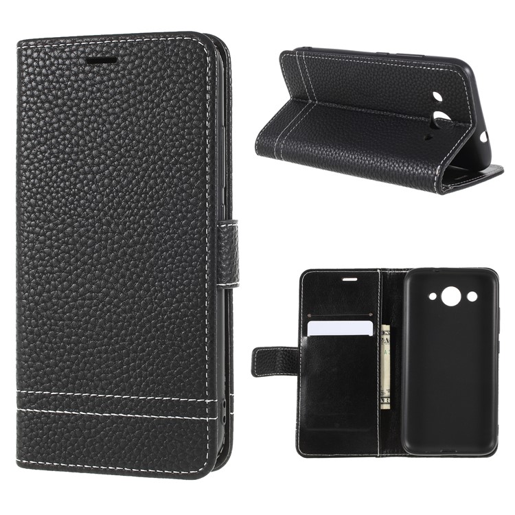 Litchi Texture Wallet Stand Leather Phone Case for Huawei Y3 (2017) - Black-1
