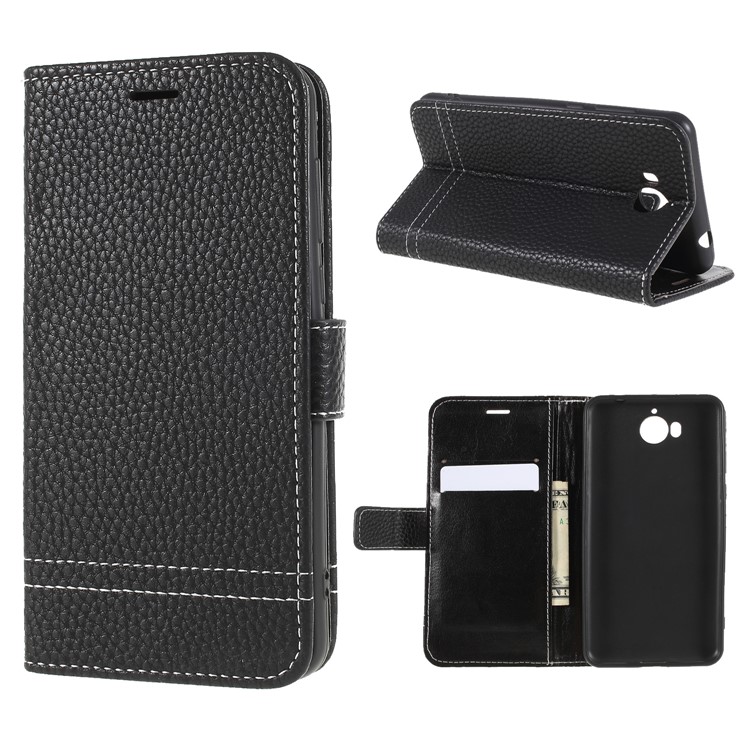 Litchi Texture Wallet Stand Leather Flip Case for Huawei Y5 (2017) / Y6 (2017) - Black-1