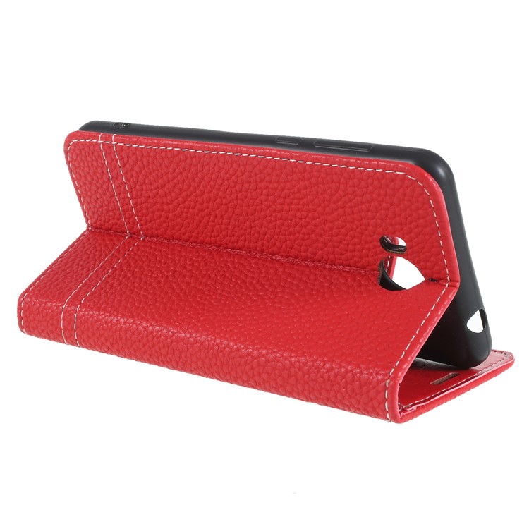 Litchi Grain Wallet Stand Leather Folio Cover for Huawei Y5 (2017) / Y6 (2017) - Red-5