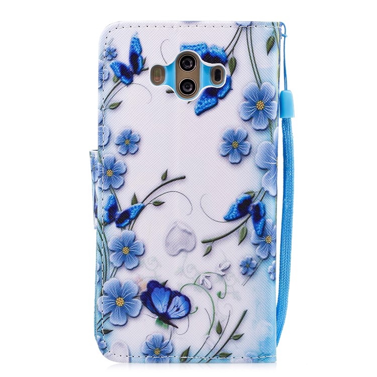Pattern Printing PU Leather Wallet Cell Phone Cover for Huawei Mate 10 - Blue Flower and Butterfly-2