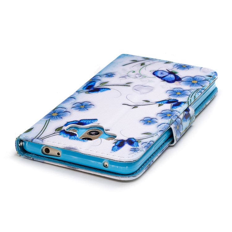 Pattern Printing PU Leather Wallet Cell Phone Cover for Huawei Mate 10 - Blue Flower and Butterfly-5