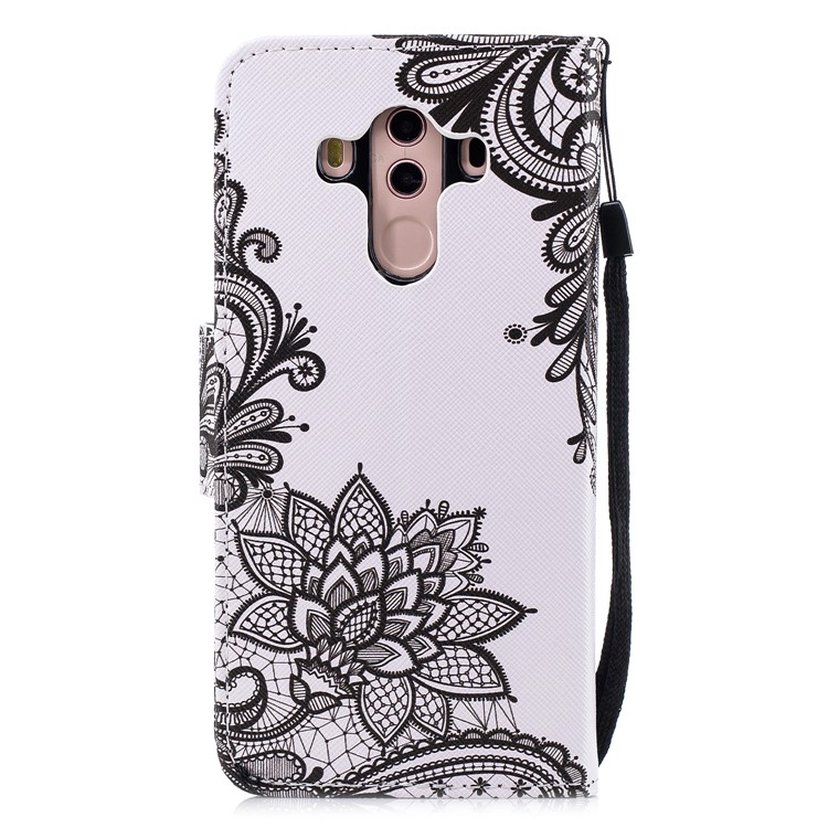 Pattern Printing Leather Wallet Shell Case for Huawei Mate 10 Pro - Black Flowers-2