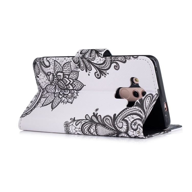 Pattern Printing Leather Wallet Shell Case for Huawei Mate 10 Pro - Black Flowers-3