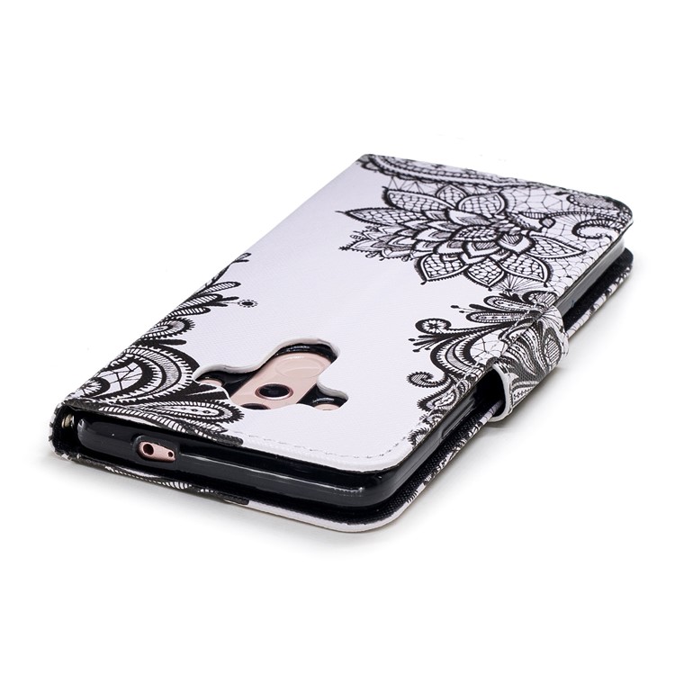 Pattern Printing Leather Wallet Shell Case for Huawei Mate 10 Pro - Black Flowers-5
