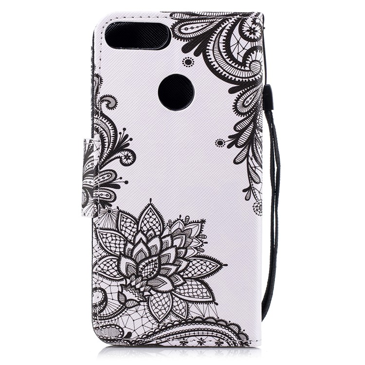 Pattern Printing Wallet Leather Stand Case for Huawei P Smart / Enjoy 7S - Black Flowers-2