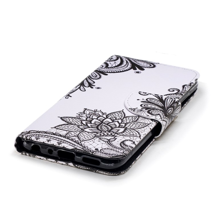 Pattern Printing Wallet Leather Stand Case for Huawei P Smart / Enjoy 7S - Black Flowers-4