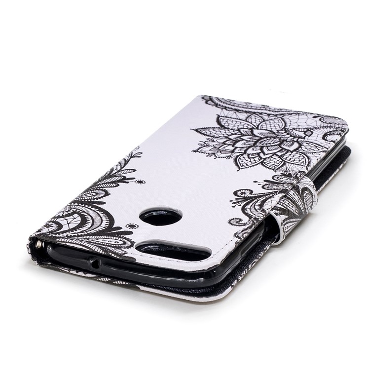 Pattern Printing Wallet Leather Stand Case for Huawei P Smart / Enjoy 7S - Black Flowers-5