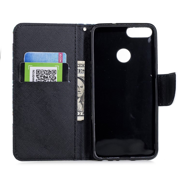 Pattern Printing Wallet Leather Stand Case for Huawei P Smart / Enjoy 7S - Black Flowers-7