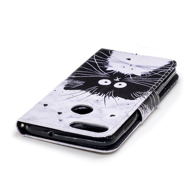 Pattern Printing Wallet Leather Cover with Stand for Huawei P Smart / Enjoy 7S - Black and White Cat-5