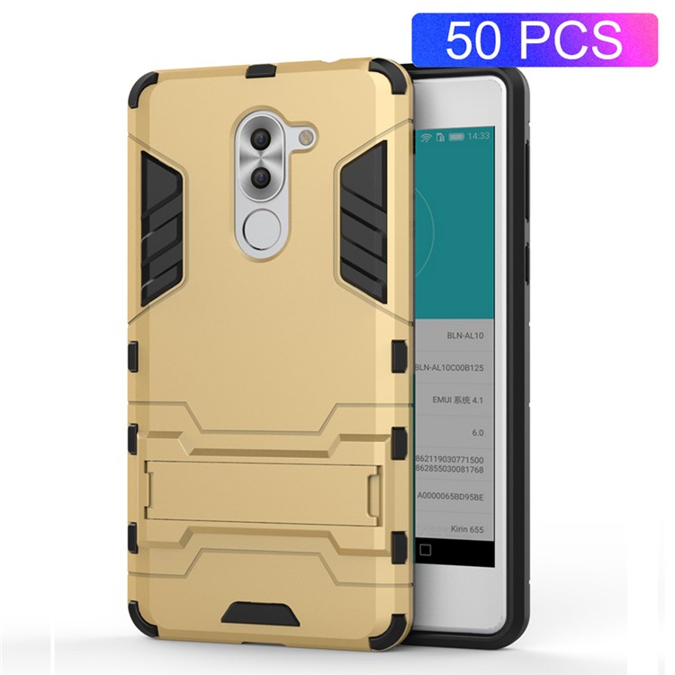 50Pcs/Set Cool Guard Plastic + TPU Kickstand Mobile Case for Huawei Honor 6x (2016)/Mate 9 Lite/GR5 2017 - Gold-1