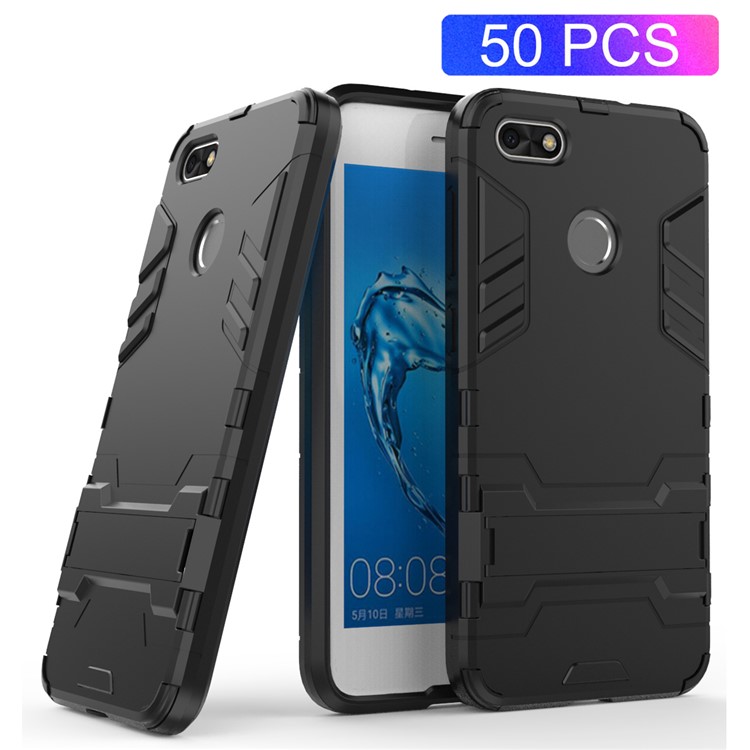 50Pcs/Set Cool Plastic TPU Hybrid Case with Kickstand for Huawei P9 lite mini / Enjoy 7 / Y6 Pro (2017) - Black-1