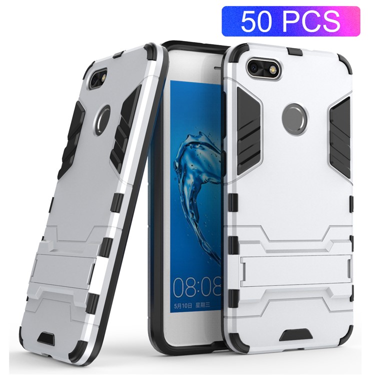 50Pcs/Set Cool Plastic TPU Hybrid Cover with Kickstand for Huawei P9 lite mini / Enjoy 7 / Y6 Pro (2017) - Silver-1