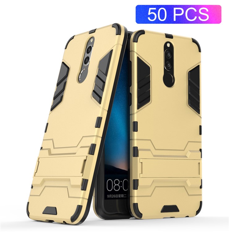 50Pcs Cool Guard Kickstand PC + TPU Combo Back Case for Huawei Mate 10 Lite / nova 2i / Maimang 6 / Honor 9i (India) - Gold-1