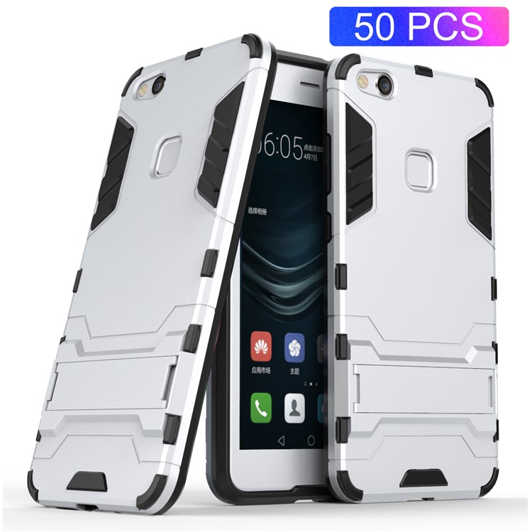 50Pcs/Set Cool Guard Plastic TPU Hybrid Kickstand Cover for Huawei P10 Lite - Silver-1