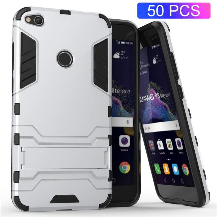 50PCS/Lot Plastic + TPU Hybrid Case with Kickstand for Huawei P8 Lite (2017) / Honor 8 Lite - Silver-1