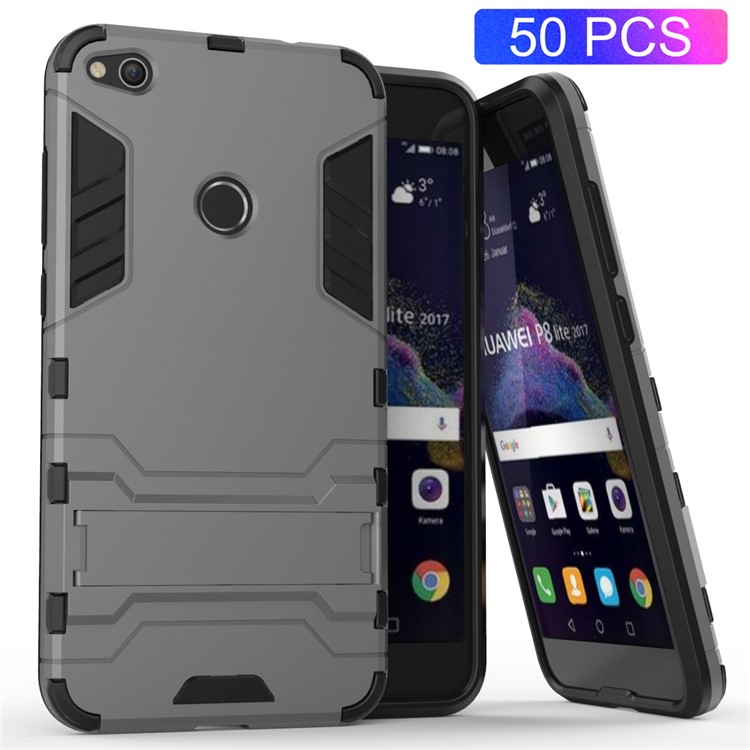 50PCS/Lot Plastic + TPU Hybrid Cover with Kickstand for Huawei P8 Lite (2017) / Honor 8 Lite - Grey-1