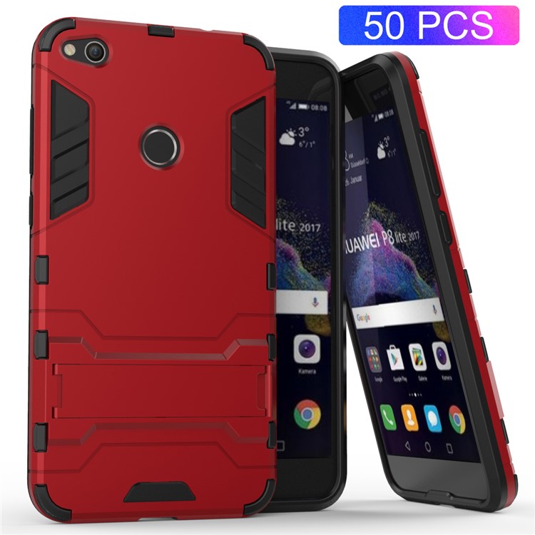 50PCS/Lot Plastic + TPU Hybrid Phone Case with Kickstand for Huawei P8 Lite (2017) / Honor 8 Lite - Red-1