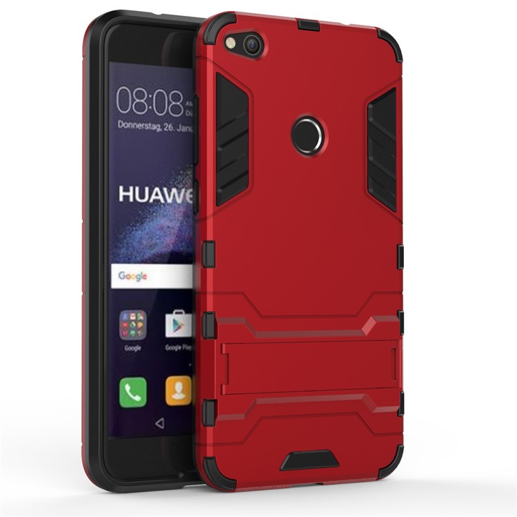 50PCS/Lot Plastic + TPU Hybrid Phone Case with Kickstand for Huawei P8 Lite (2017) / Honor 8 Lite - Red-2