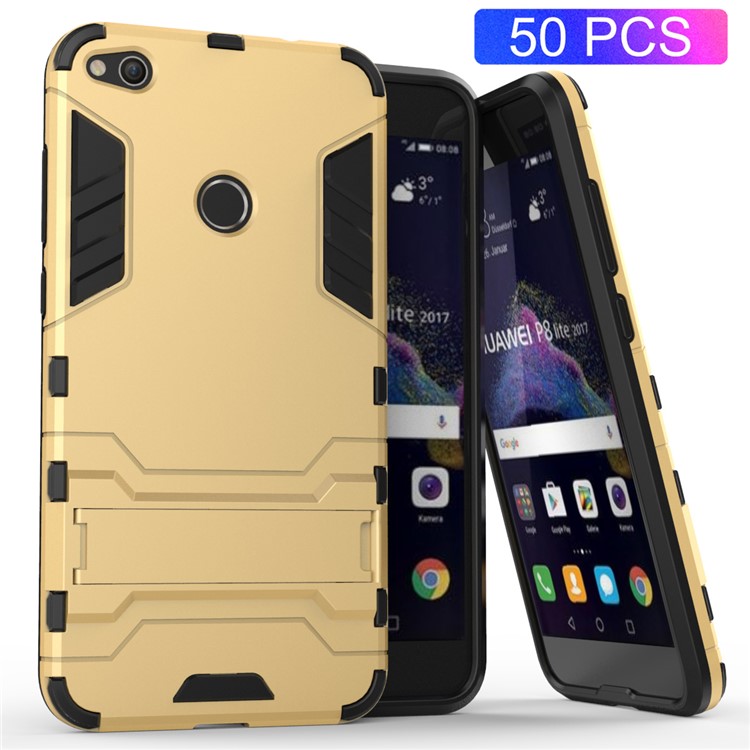 50PCS/Lot Plastic + TPU Combo Case with Kickstand for Huawei P8 Lite (2017) / Honor 8 Lite - Gold-1