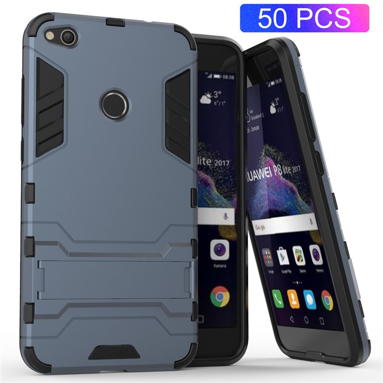 50PCS/Lot Plastic + TPU Combo Cover Shell Case with Kickstand for Huawei P8 Lite (2017) / Honor 8 Lite - Dark Blue-1