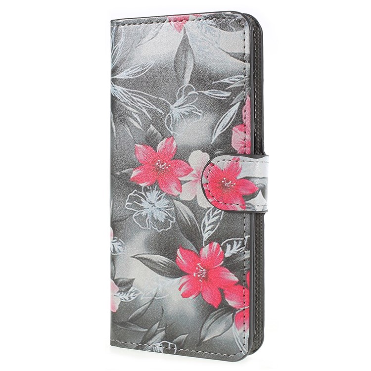 Pattern Printing Leather Wallet Stand Phone Cover for Huawei P Smart / Enjoy 7S - Red Flowers-2