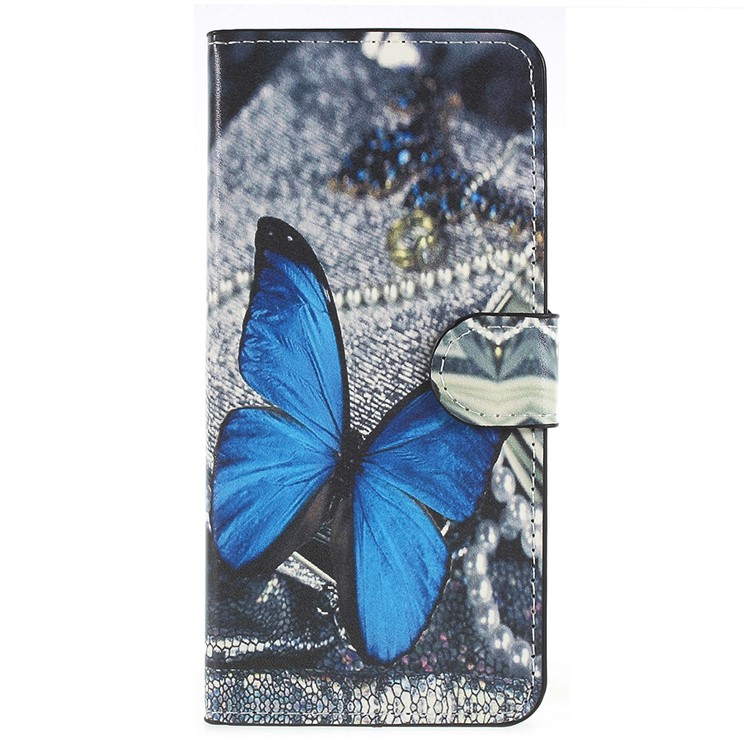 Pattern Printing Leather Wallet Stand Phone Shell for Huawei P Smart / Enjoy 7S - Blue Butterfly-1