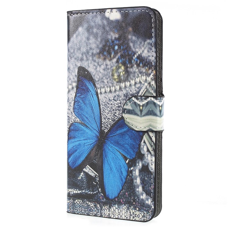 Pattern Printing Leather Wallet Stand Phone Shell for Huawei P Smart / Enjoy 7S - Blue Butterfly-2